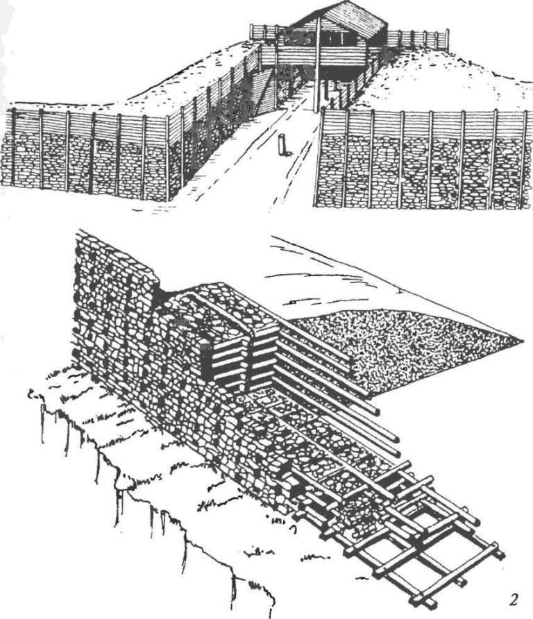 Латенская культура. Фортификация (реконструкция): 1 — фрагмент оборонительной стены и ворот городища Манхинг (Германия); 2 — латенская оборонительная («галльская») стена в разрезе 