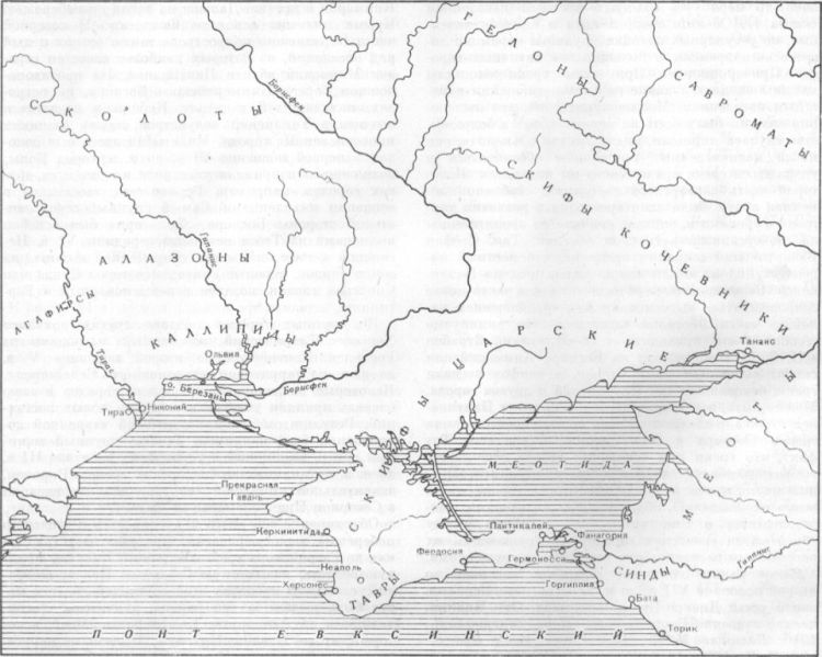 Карта 1. Северное Причерноморье в античную эпоху. Расселение скифских племен по Б. А. Рыбакову