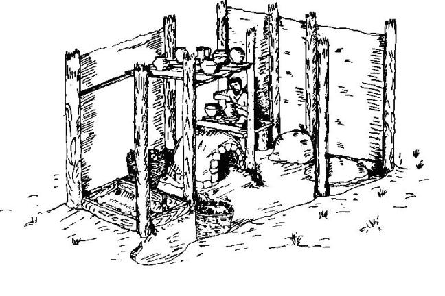 Рис. 4. Реконструкция гончарной мастерской III—IV вв. (внутренний вид)