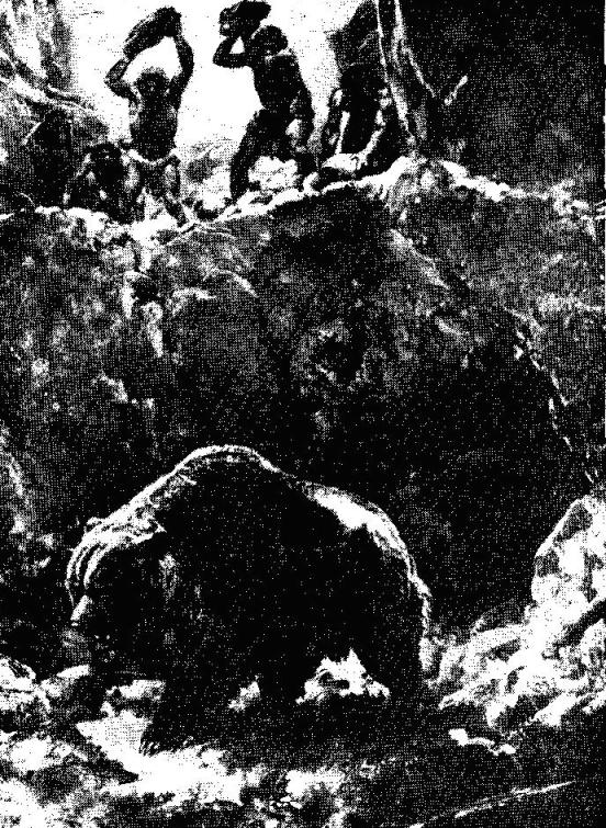 Охота неандертальцев на пещерного медведя. Рисунок-реконструкция 3. Буриана 