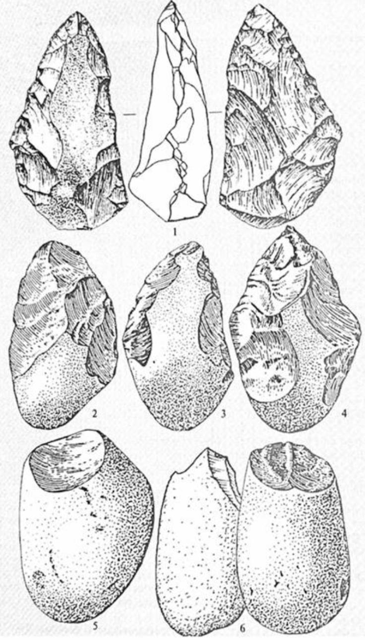 Рис. 7. Галькові знаряддя Homo habilis (5,6) і рубила пітекантропів (1—4)