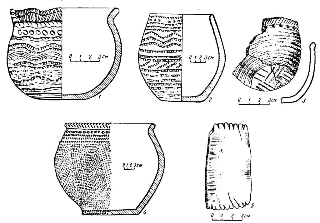 Рис. 6. Глиняные сосуды (1—4) и гребенчатый штамп из глиняного сланца (5) с поселения Самусь IV