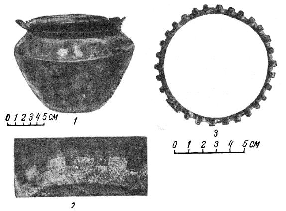 Рис. 2. 1 — медный котелок; 2 — шов между дном и корпусом котелка: 3 — бронзовое кольцо