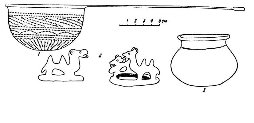 Рис. 3. 1 — серебряное ситечко; 2 — бронзовые кольца с верблюдами; 3 — красноглиняный горшок