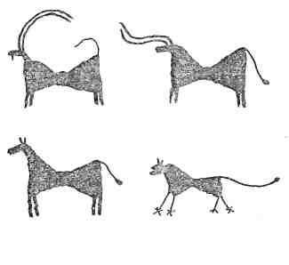 Рис. 1. Саймалы-Таш. Разные животные (козел, бык, лошадь, хищник) изображены средствами одного изобразительного «языка»