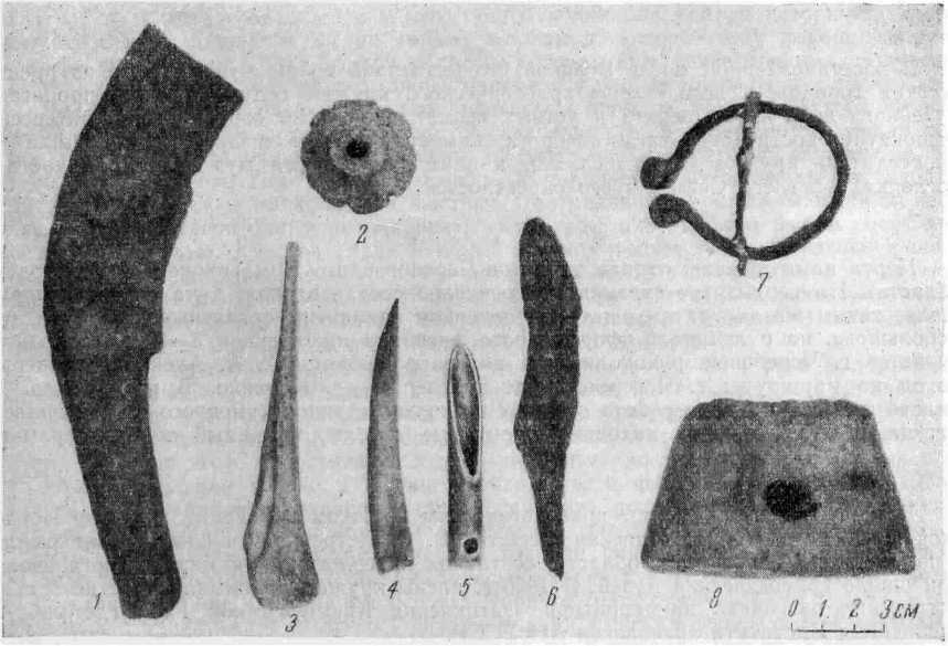 Рис. 2. 1 — обломок железного серпа; 2 — грузик; 3—5 — изделия из кости; 6 — нож; 7 — пряжка; 8 — рогатый кирпич