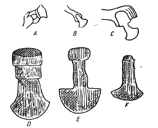 Рис. 13. Ножи для разрезания кожи (А, В, С, D — употреблявшиеся в древнем Египте; Е, F — ножи римские)