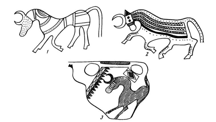 Рис. 4. Изображения быков: 1 — на азербайджанском поясе (Эрмитаж); 2 — на поясе из Ходжала; 3 — на мидийской вазе