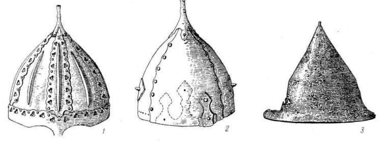 Рис. 9. Шлемы X—XI вв. 1 — Гнездово (№ 9); 2 — Чернигов (№ 4); 3 — Европейская Россия.
