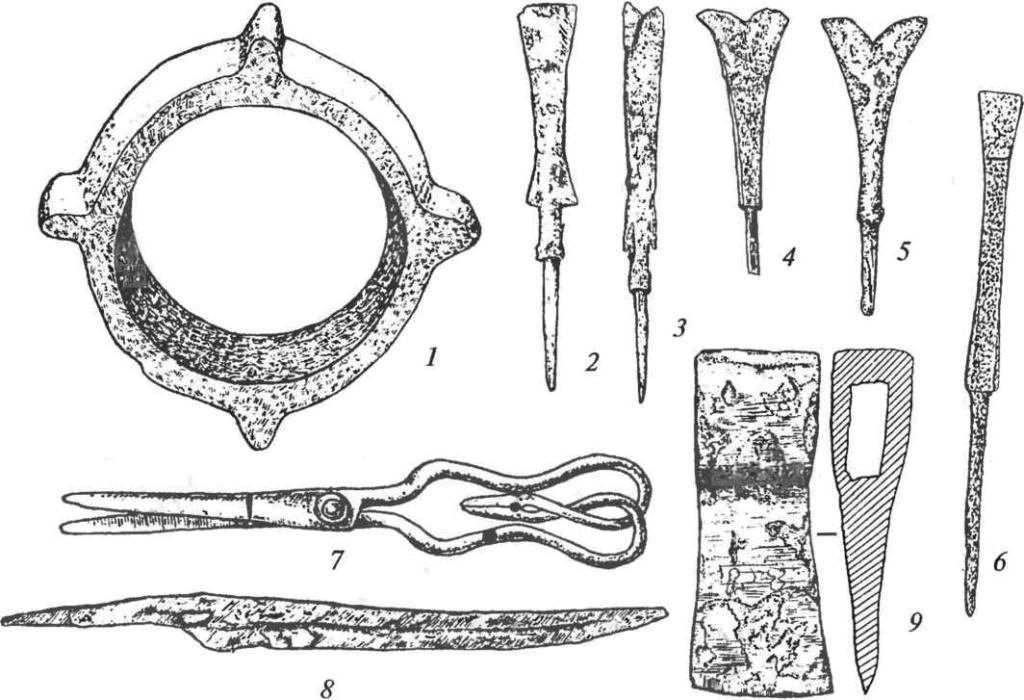 Металлические изделия: 1 — чугунная втулка (цун); 2-6 — железные наконечники стрел; 7 — ножницы; 8 — нож; 9 — топор
