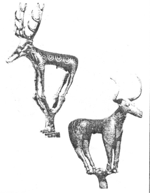 Рис. 54. Бронзовые фигурки оленя и быка из могильника Аладжа [Mellaart J., 1966].
