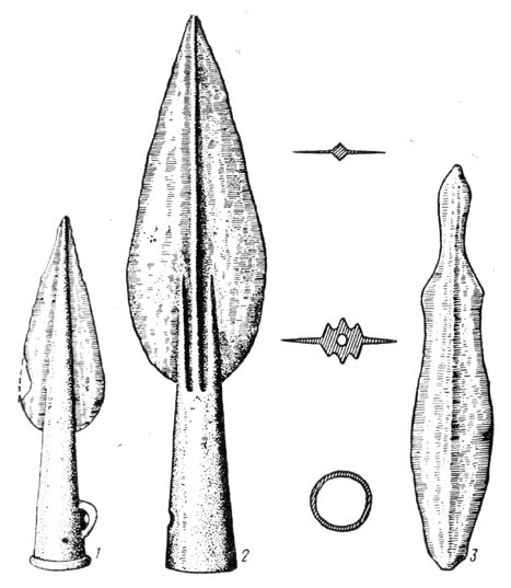 Рис. 76. Бронзовое оружие первого периода Срубной культуры: 1,2 — наконечники копий, 3 — кинжал