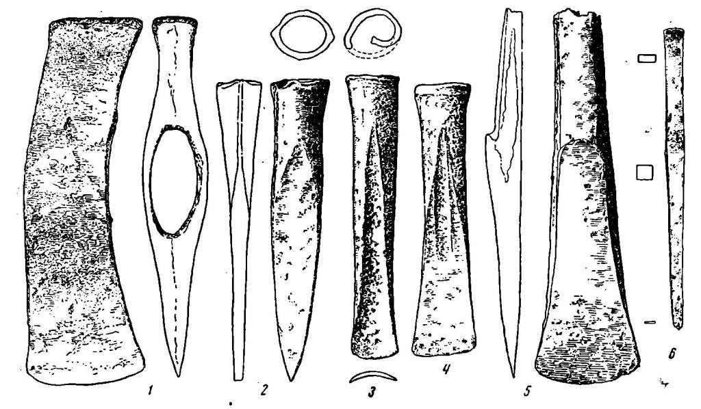 Рис. 61. Бронзовые инструменты из Баландина. 1 — топор; 2—4 — долота; 5 — тесло; 6 — стамеска.