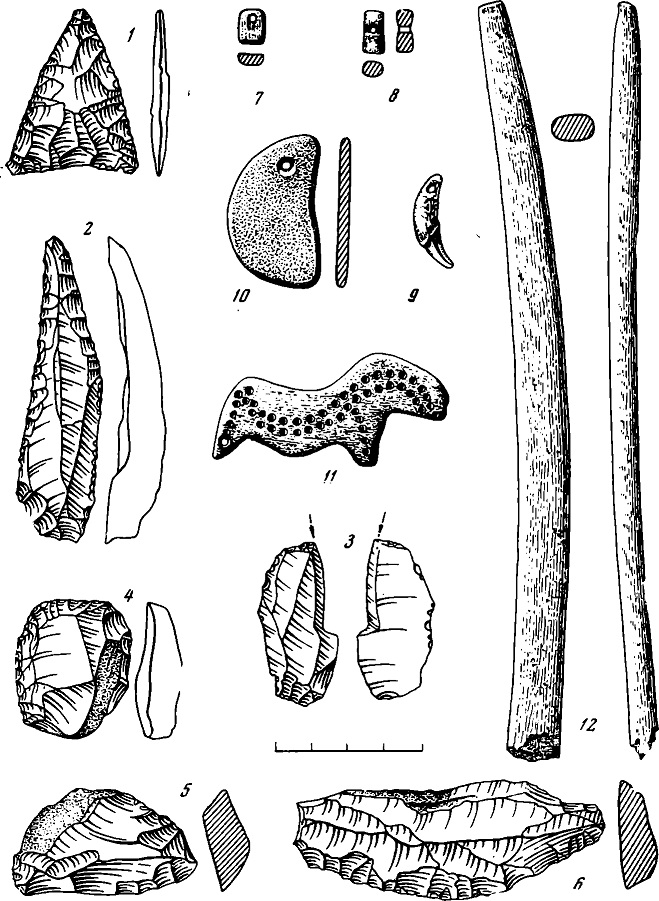 Рис. 2. Каменные (1—6, 10) и костяные (7—9, 11, 12) изделия из культурного слоя стоянки Сунгирь