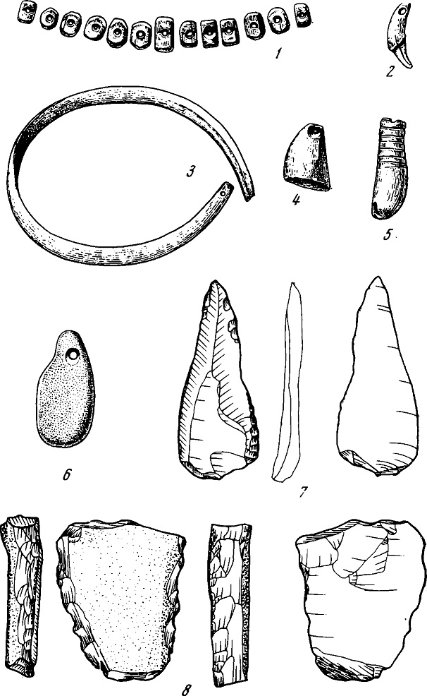 Рис. 5. Костяные (2—5) и каменные (6—5) предметы из могилы на Сунгире