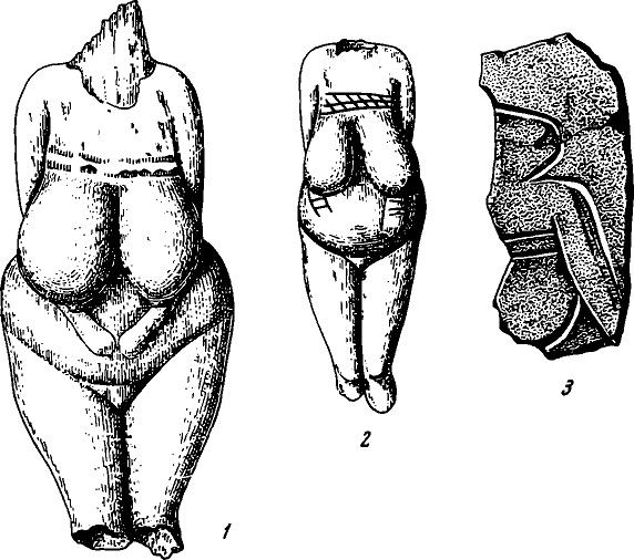 Рис. 7. Костяные статуэтки (1, 2) и фрагмент плитки с гравированным изображением человека (3). Костёнки I