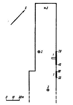 Рис. 3. Схематический план очертаний карьера в сентябре 1956 г. с обозначением раскопок (1), отдельных находок костей in situ (2) и на поверхности дна карьера (3)