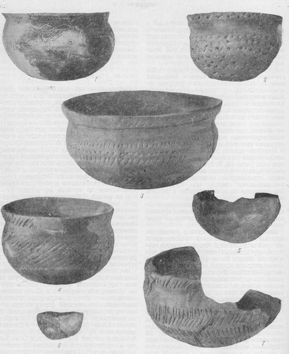 Таблица III. Сузгунская керамика IV типа. Сосуды из раскопок Сузгуна II. 1, 4 - около 1/3 н. в.; 2 - около н. в.; 3 - около 2/5 н. в.; 5-7 - около 1/2 н. в.