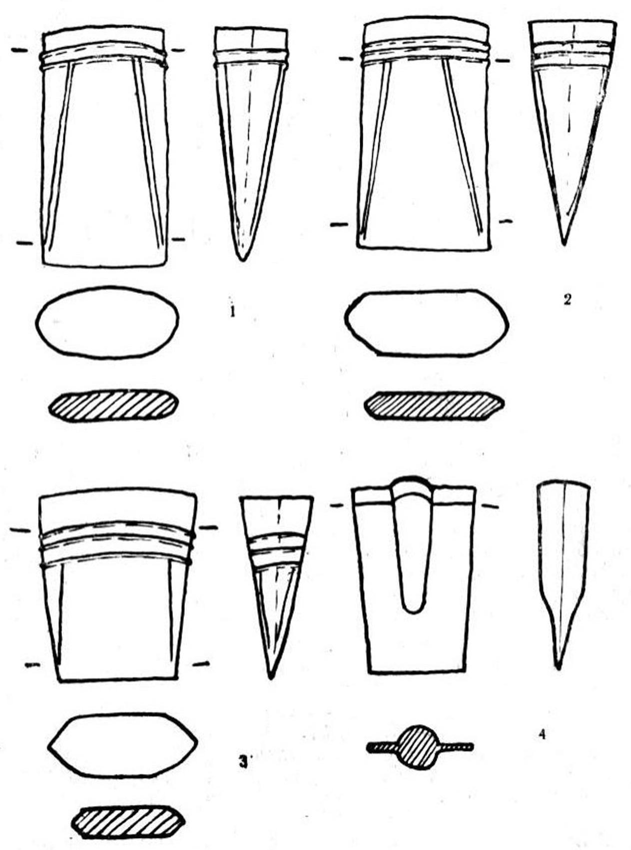 Рис 16. Кельты турбинского типа (1—3) и лопата-кельт (4) с поселения Самусь IV (отливки, сделанные по формам).