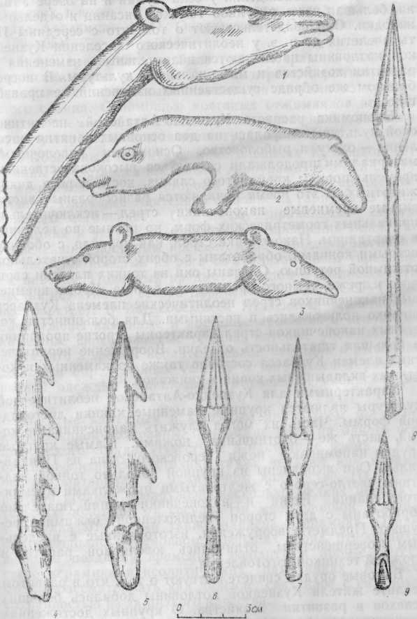 Костяные предметы из могильника Васьково I: 1—3 — фигурки животных; 4—5 — гарпуны; 6—9 — наконечники стрел