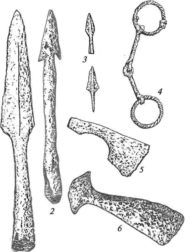 Инвентарь мужских финских погребений: 1,2 — наконечники копий; 3 — наконечники стрел; 4 — удила; 5, 6 — топоры
