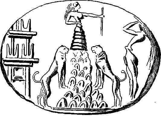 Рис. 10. Оттиск печати, изображающей минойскую «богиню-мать» и (слева) «посвятительные рога». По Эвансу.