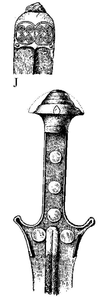 Рис. 14. Колющие мечи C. М. III (Микены) и рукоять меча П. М. I (Крит). По Эвансу.