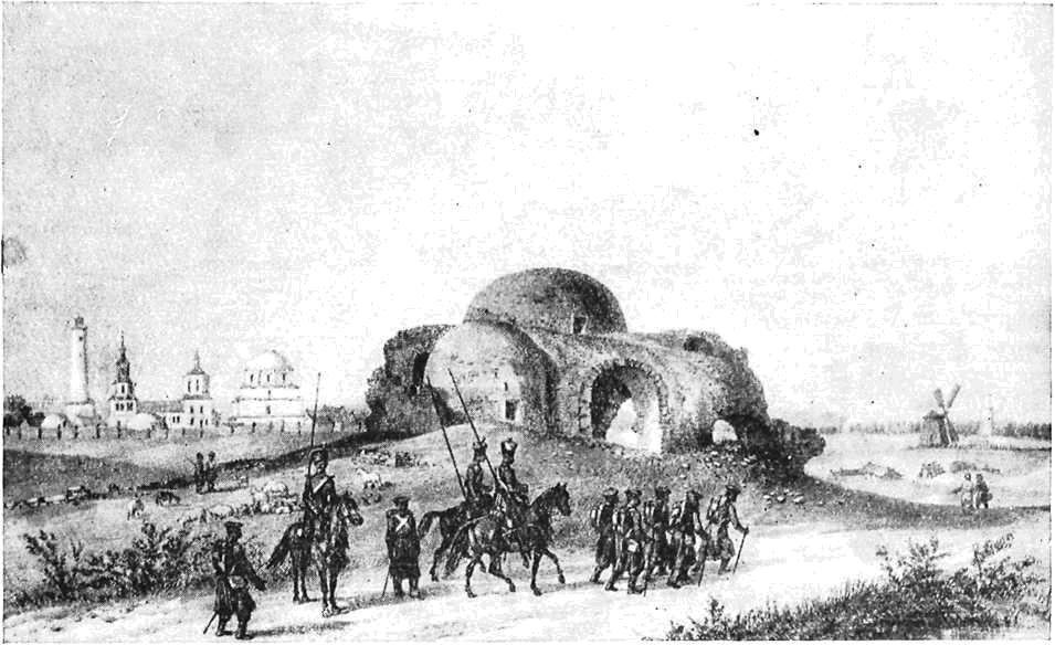 Развалины в Болгаре, на первом плане так называемая «Белая палата». Литография из альбома Демидова по рисунку А. Дюрона 1839 г. (Государственный Исторический музей)