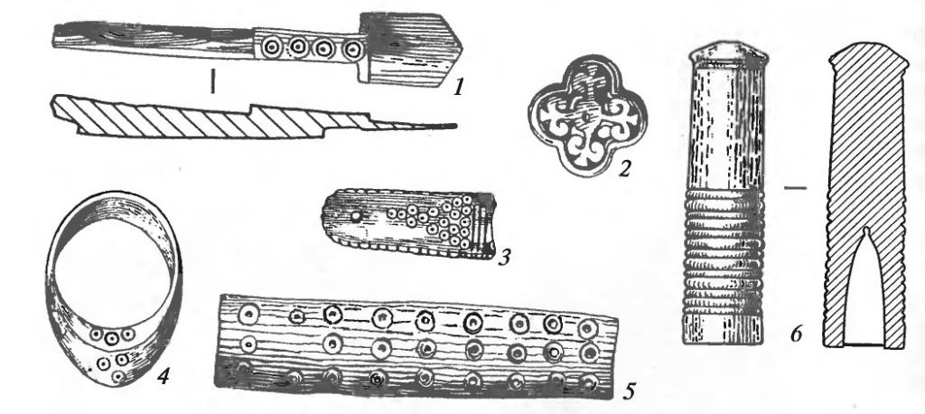 Изделия из кости: 1 — безмен для взвешивания монет; 2 — пряжка; 3 — накладка; 4 - перстень лучника; 5 — рукоять ножа; 6 — навершие посоха. 