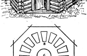 Восьмиугольная «колиба» у гуцулов: а — «xopiмцi» (сени); б — «ватра» (очаг); в — «пiдложе» (постели)