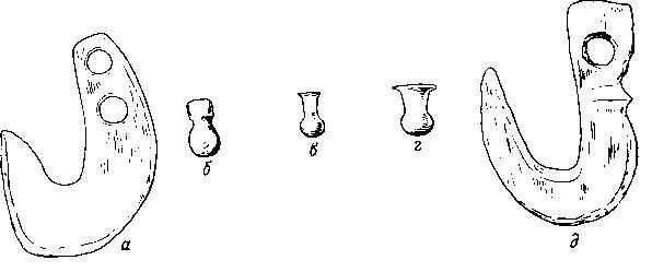 Костяные крючки для пояса и каменные «запонки»: а—в — из Суфли Магула, Фессалия; г — из Хаджилара VI; д — из Чатал Хююка VI.