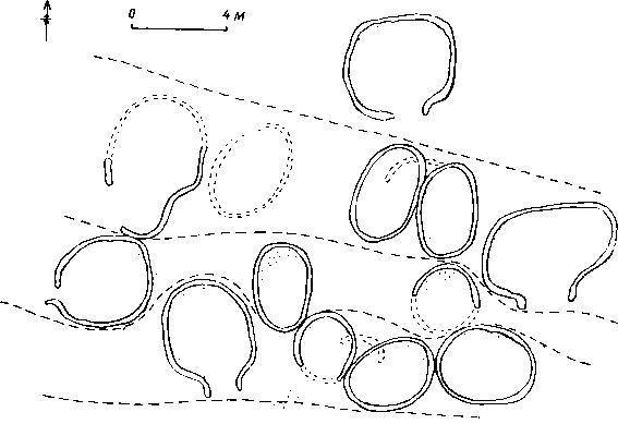 План поселения докерамического неолита А в Вади Фалла (Нахаль Орен, слой II) с круглыми домами и террасами.