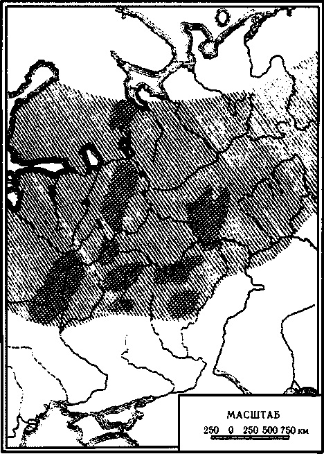 Рис. I. Распространение железных руд (болотных, озерных и дерновых) в Восточной Европе. Наиболее насыщенные рудой области заштрихованы гуще